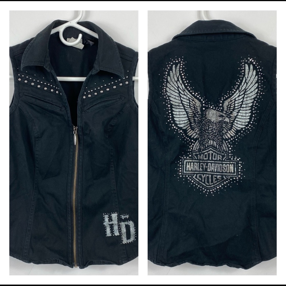 Harley Davidson Womens Size Small Black Graphic Sleeveless Riding Vest Zip Up